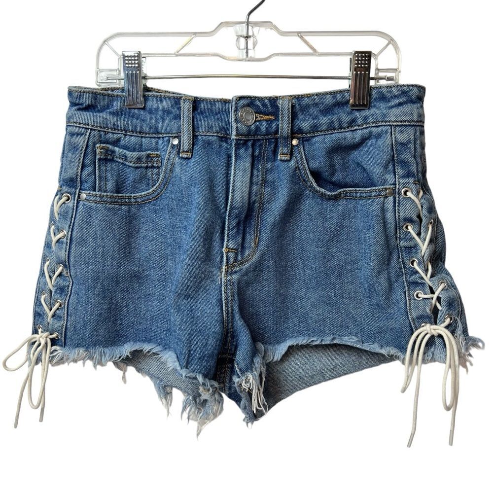 PacSun Denim SIDE TIE LACE UP Fringe High Rise Shorts Blue Size 25